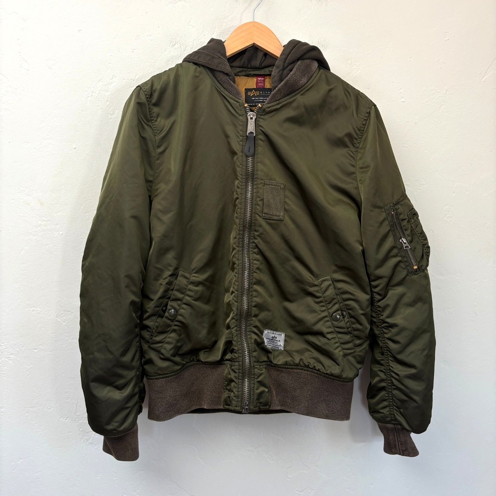 Alpha Industries Hooded Bomber Jacket Men Size Large Green Full Zip FLAW
